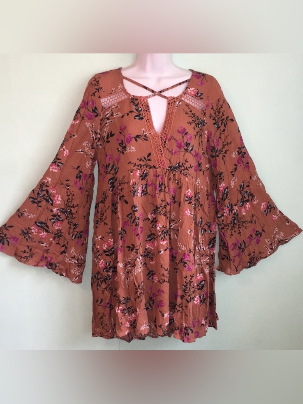 Umgee Rust Floral Long-Sleeve V-Neck Dress with Crochet Detail